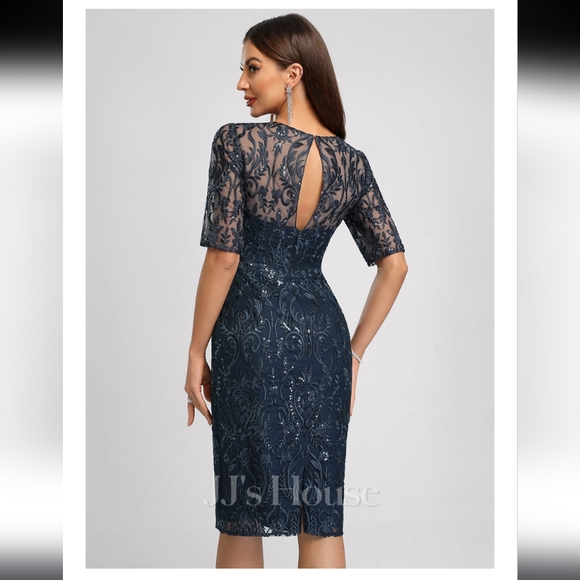 JJs House Navy Lace Midi Dress with Sequins. Sheer neck & sleeves. NWT.  Size 6 - Picture 3 of 11